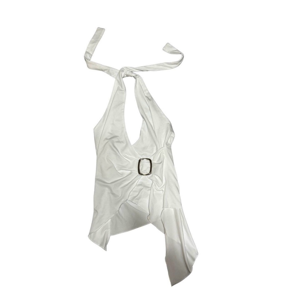 White Halter Tie-Neck Asymmetrical Crop Top